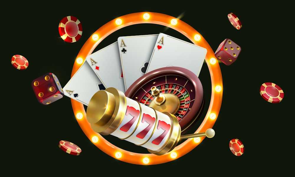 Vector,Illustration,Of,Gambling.,Roulette,Wheel,,Playing,Chips,,Dice,,Poker
