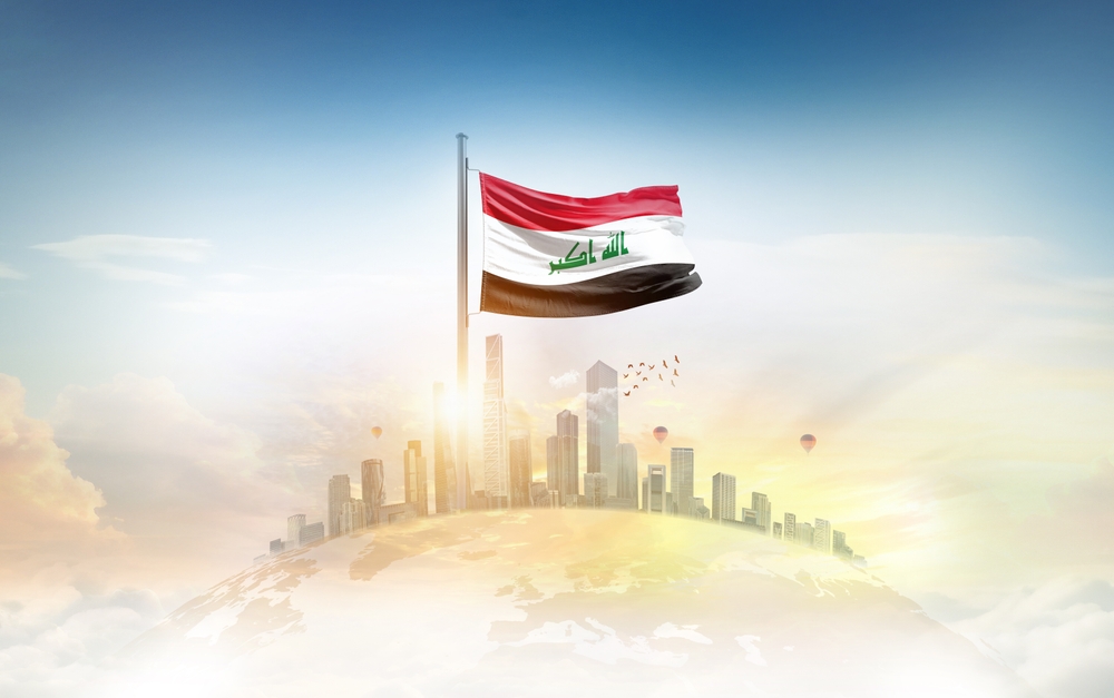 Iraq,Flag,Wavering,On,Blobe,With,Modern,Building,Skyline.,Flag